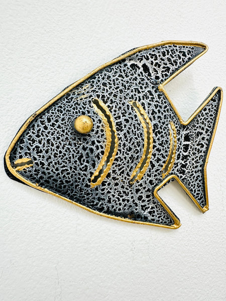 Hand-painted crackle-effect Angel Fish wall art on white background.