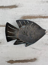 Back of turquoise metal reef fish wall art showing hanging point