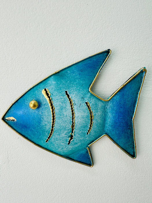 Hand-painted turquoise Angel Fish wall art on white background