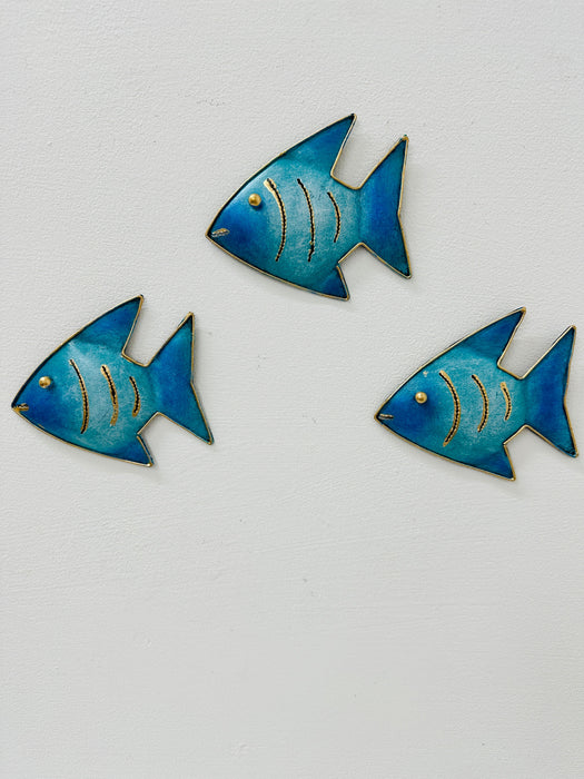 Three turquoise Angel Fish wall decorations shown together for size reference