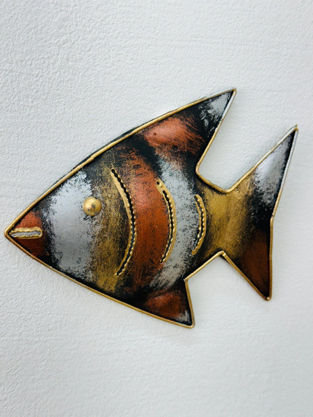 Hand-painted copper zebra fish metal wall art, front view on white background
