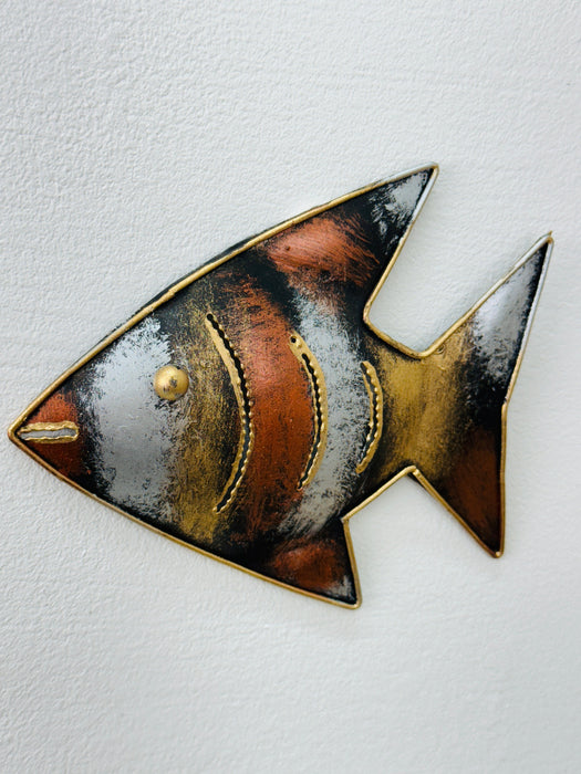 Hand-painted copper zebra fish metal wall art, front view on white background