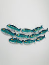 Small aqua striped metal fish shoal wall art with 10 fish arranged in a curved formation