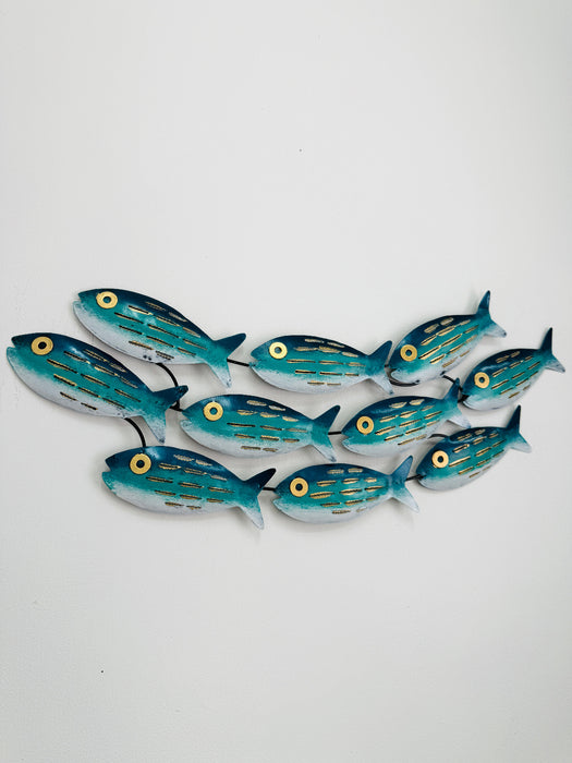 Small aqua striped metal fish shoal wall art with 10 fish arranged in a curved formation