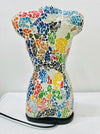 Back view of vibrant crackle mosaic glass lamp in multi colours.