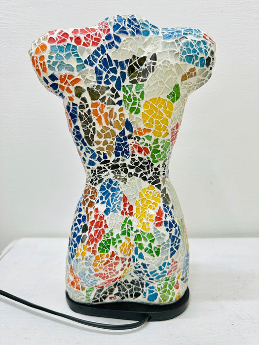 Back view of vibrant crackle mosaic glass lamp in multi colours.