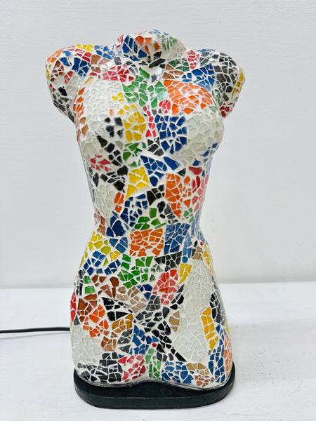 Front view of handmade mosaic bust lamp with multi-colour crackle glass design.