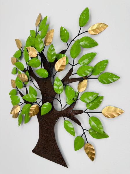 Angled view of metal willow tree wall art showing leaf texture and colours