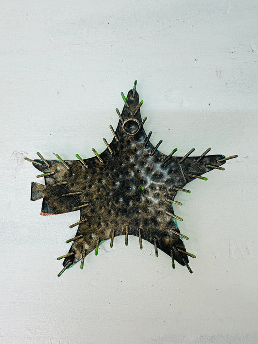 Back view of green metal starfish showing hanging eyelet