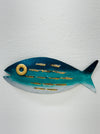 Hand-painted aqua and blue striped metal fish wall decoration with gold detailing