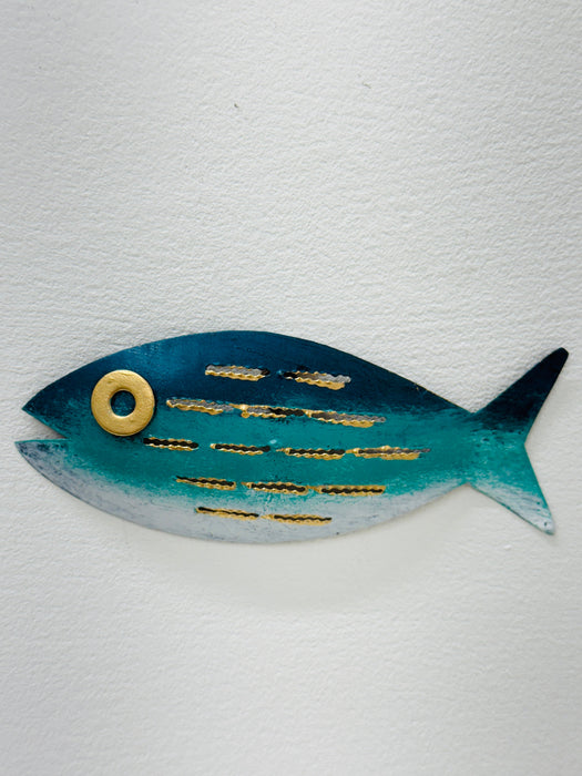 Hand-painted aqua and blue striped metal fish wall decoration with gold detailing