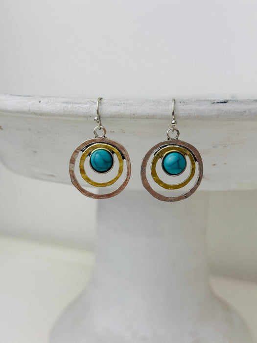 pair of turquoise circle drop earrings wih silver and gold tone rings