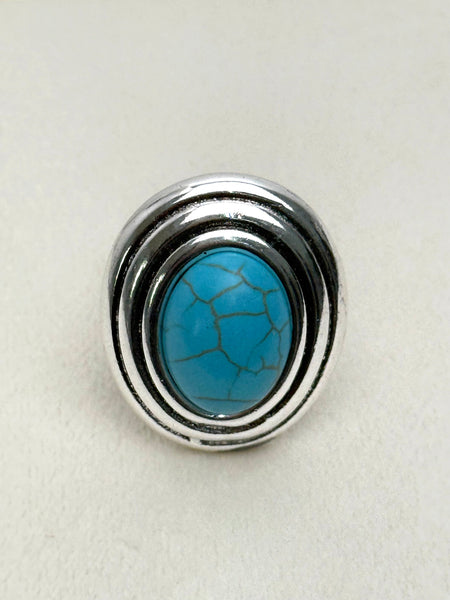 statement turquoise stone ring in silver tone adjustable band