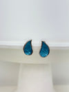Turquoise teardrop enamel stud earrings with silver tone finish, displayed on a white background.