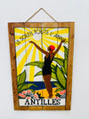 Hand-painted Antilles wooden sign with Caribbean illustration and hanging rope on white background.
