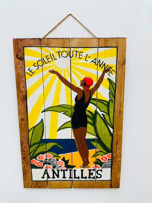 Hand-painted Antilles wooden sign with Caribbean illustration and hanging rope on white background.