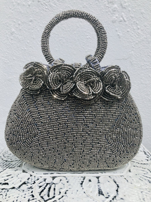 Rose Beaded Handbag - Metallic Silver