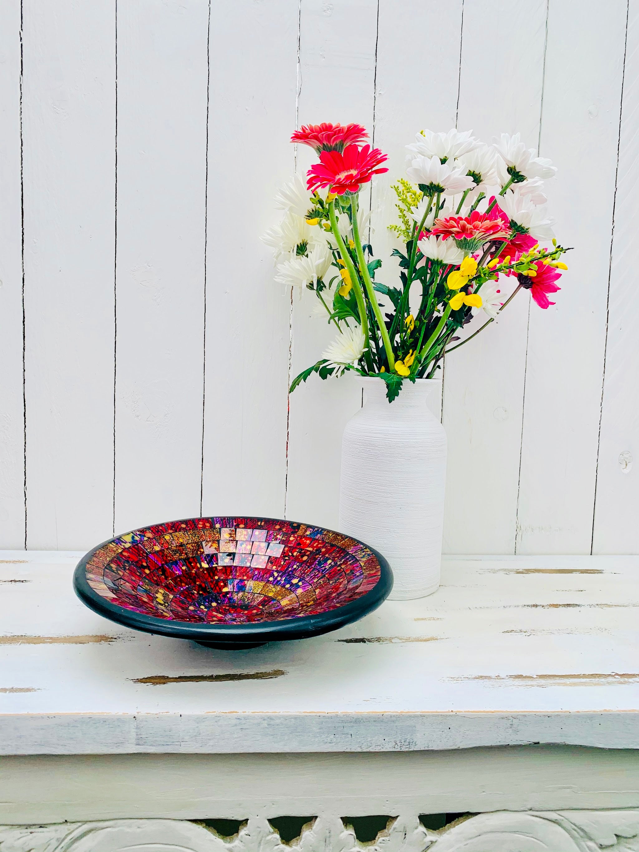 side view of mosaic bowl on table