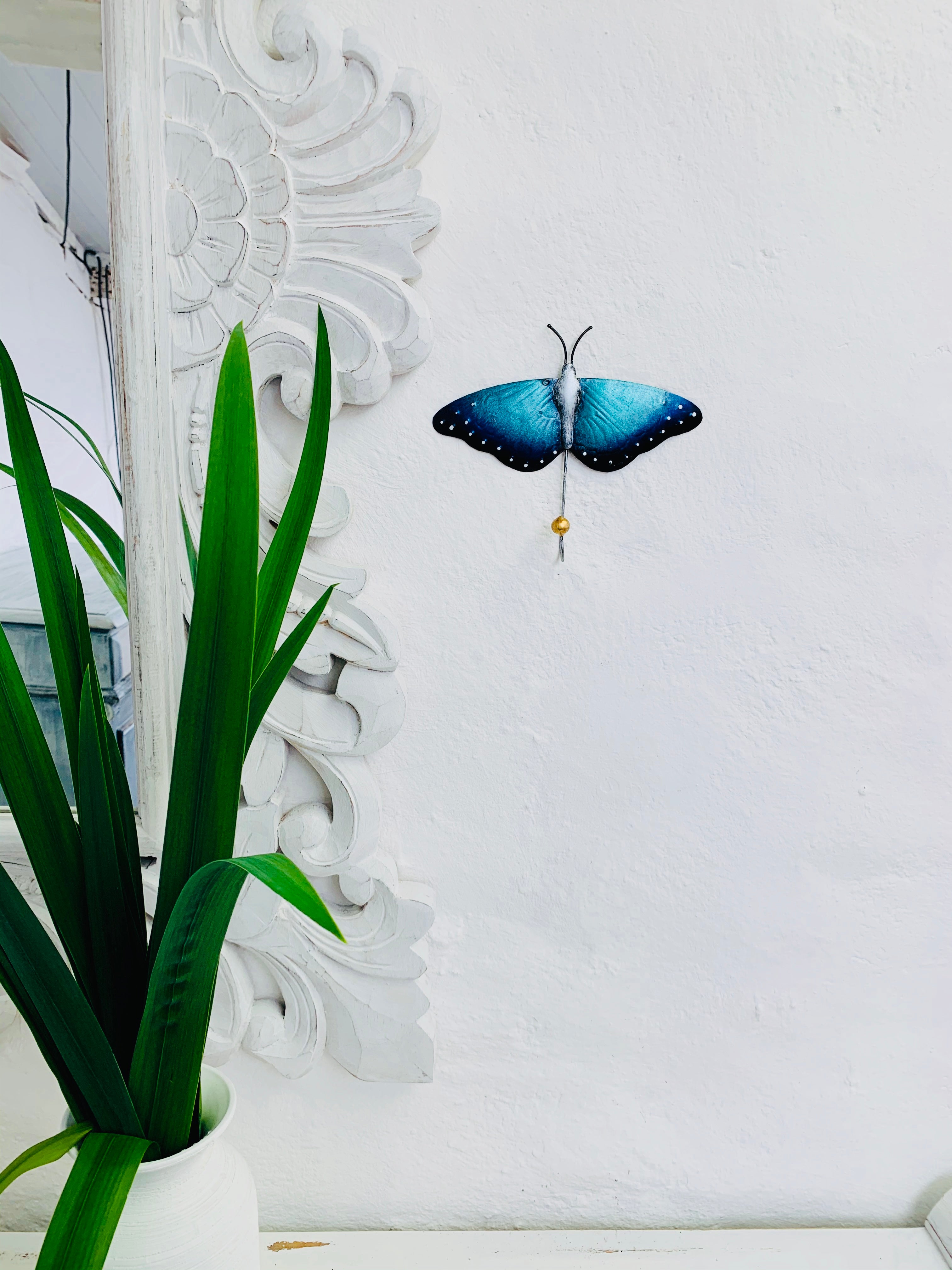display view of metal butterfly hook in blue on the wall next to a decorative green plant 