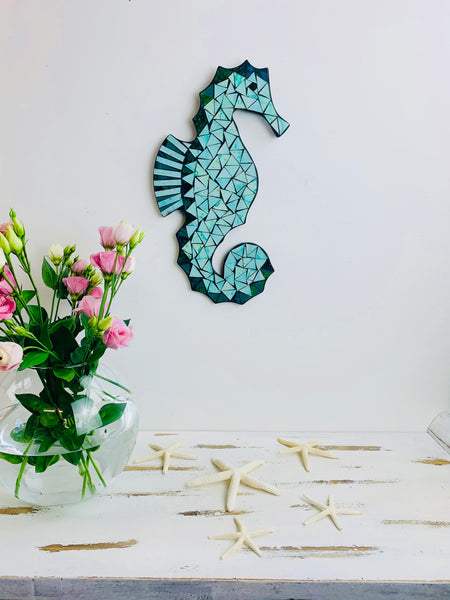 display view of mosaic seahorse hung up on wall