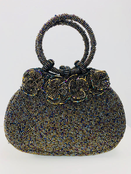front view of beaded handbag with beaded flowers on