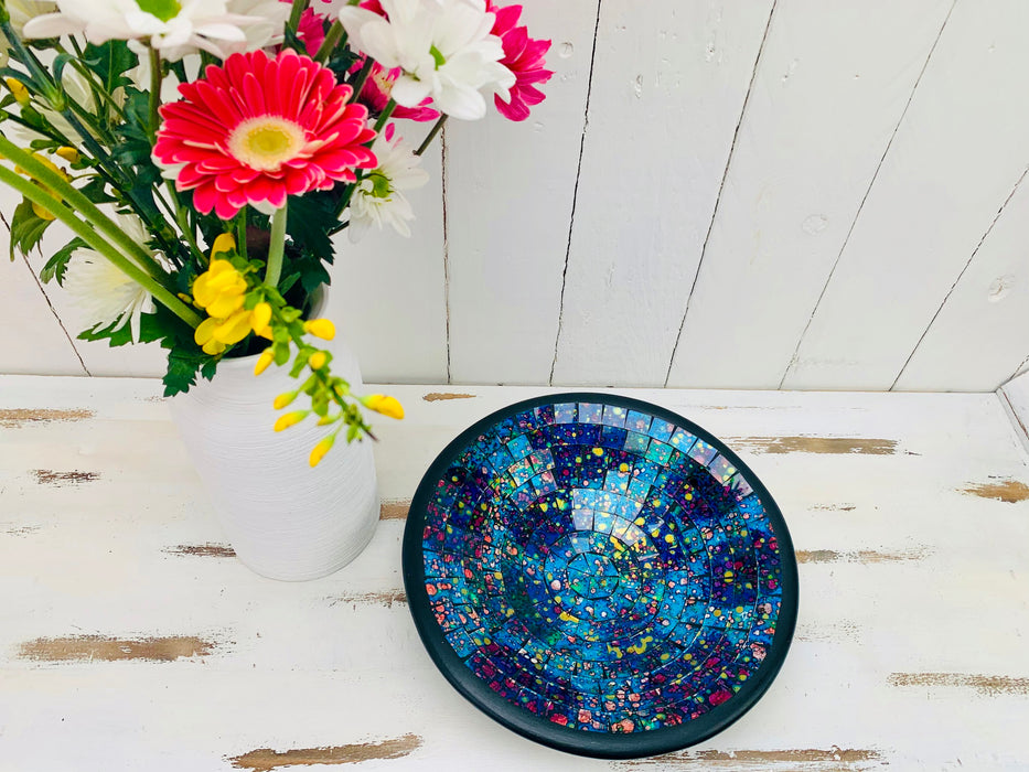 aerial view of mosaic bowl in blue