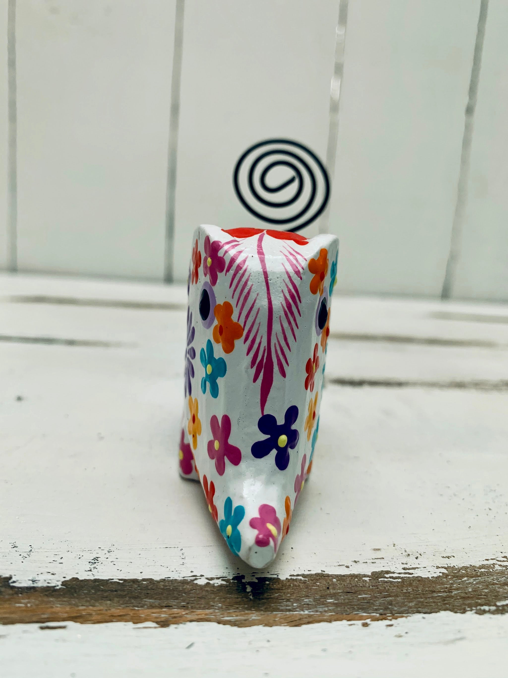 front view of mini wooden flower elephant in white