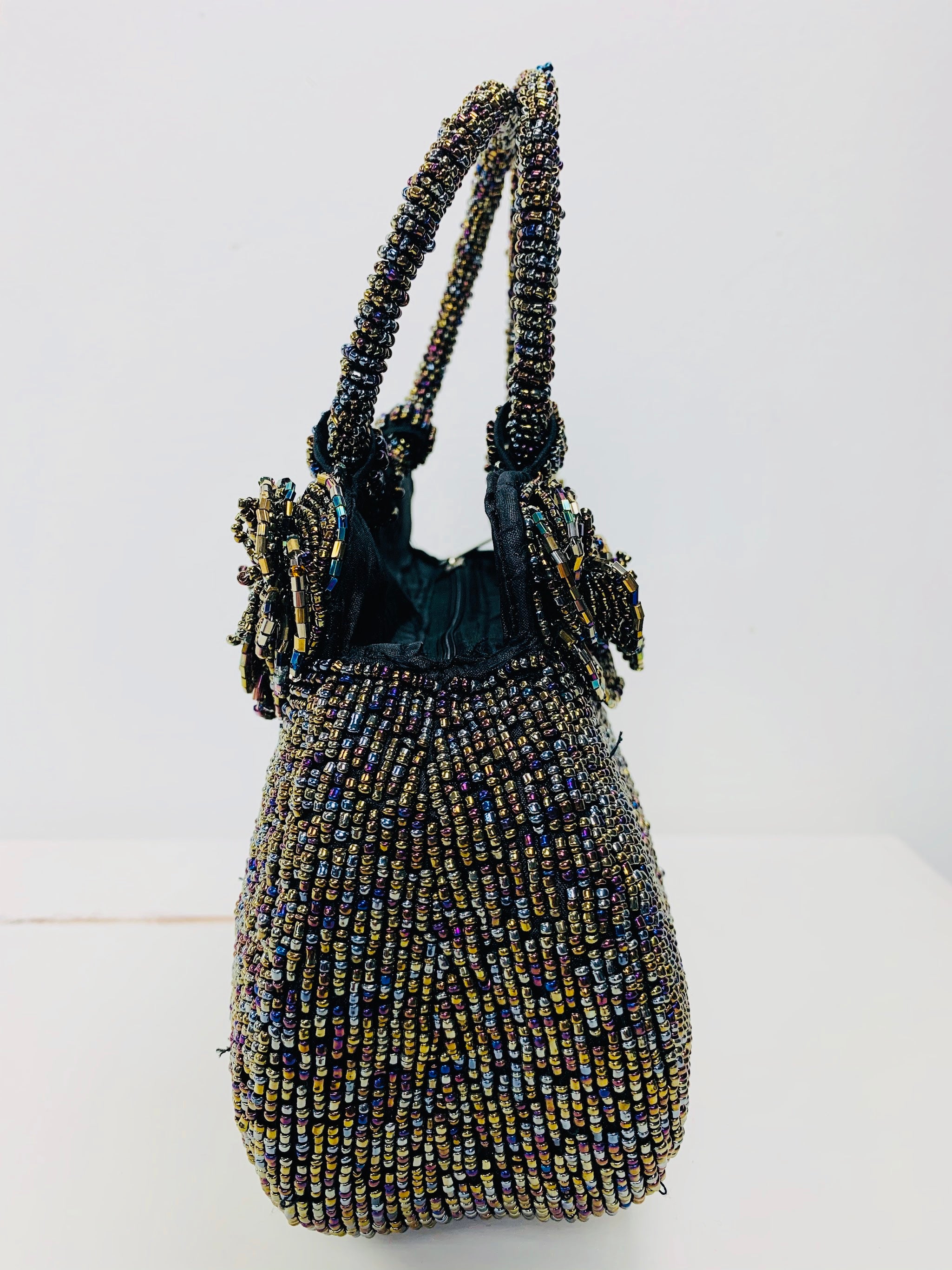 side view of beaded handbag 