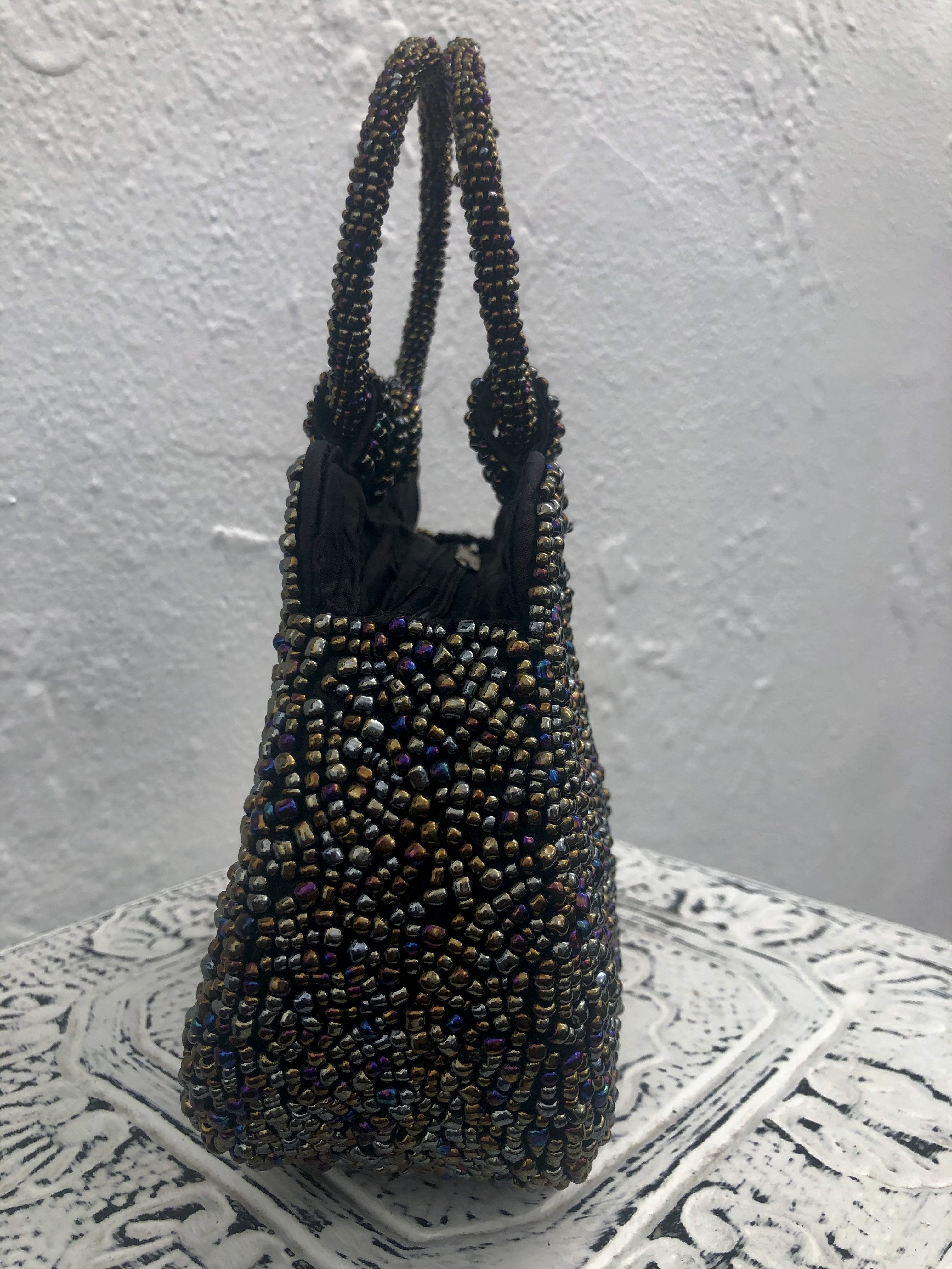 side view of beaded handbag