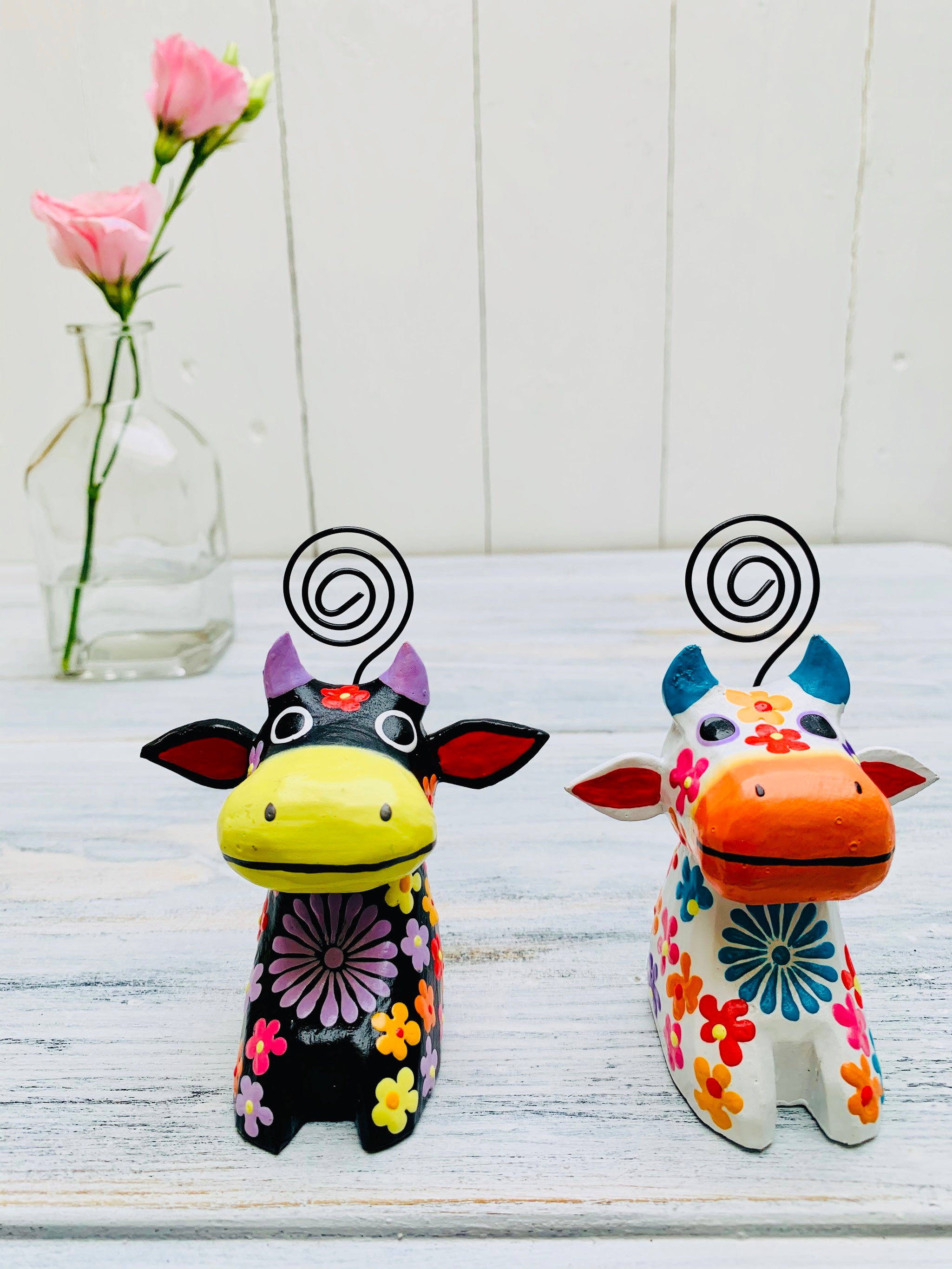 front view of black and white flower cows