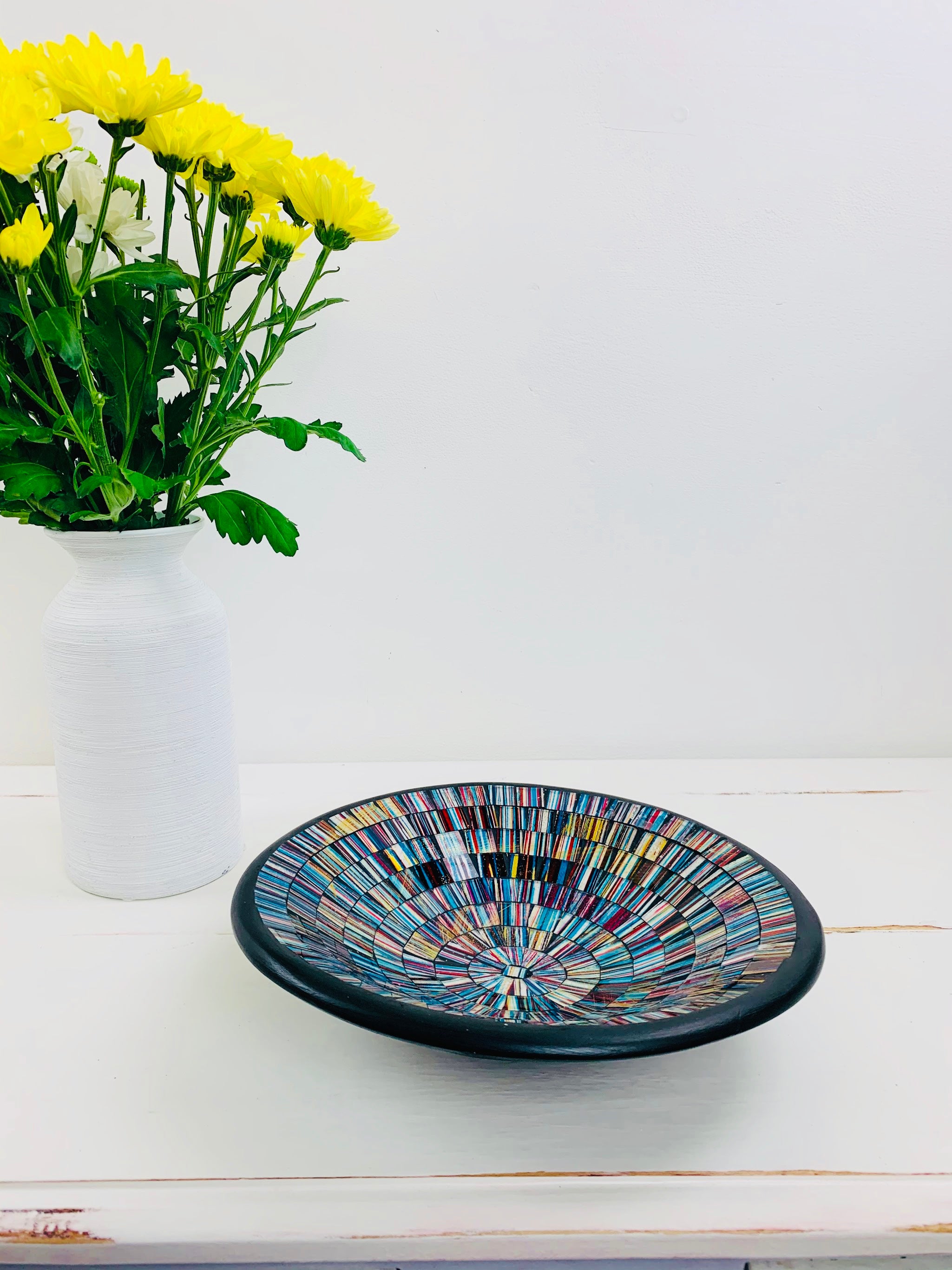 side view of mosaic bowl in blue