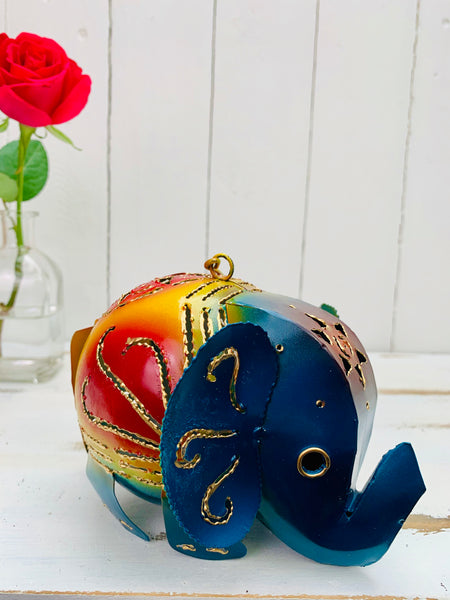 front view of metal elephant lantern