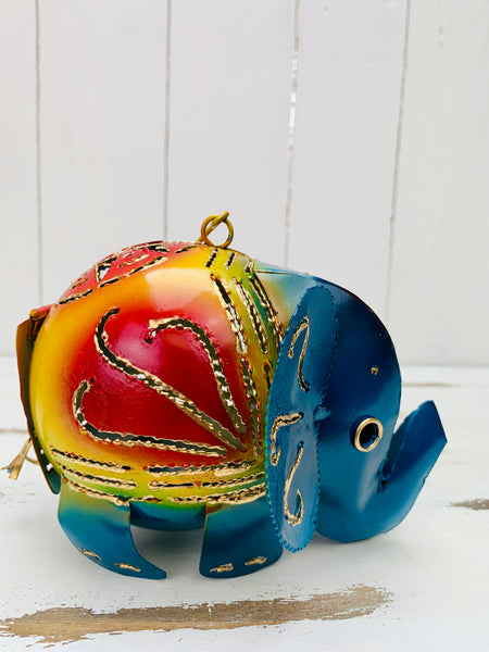 side view of metal elephant lantern