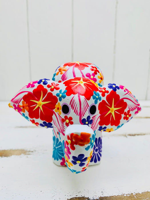 front close up of wooden flower elephant