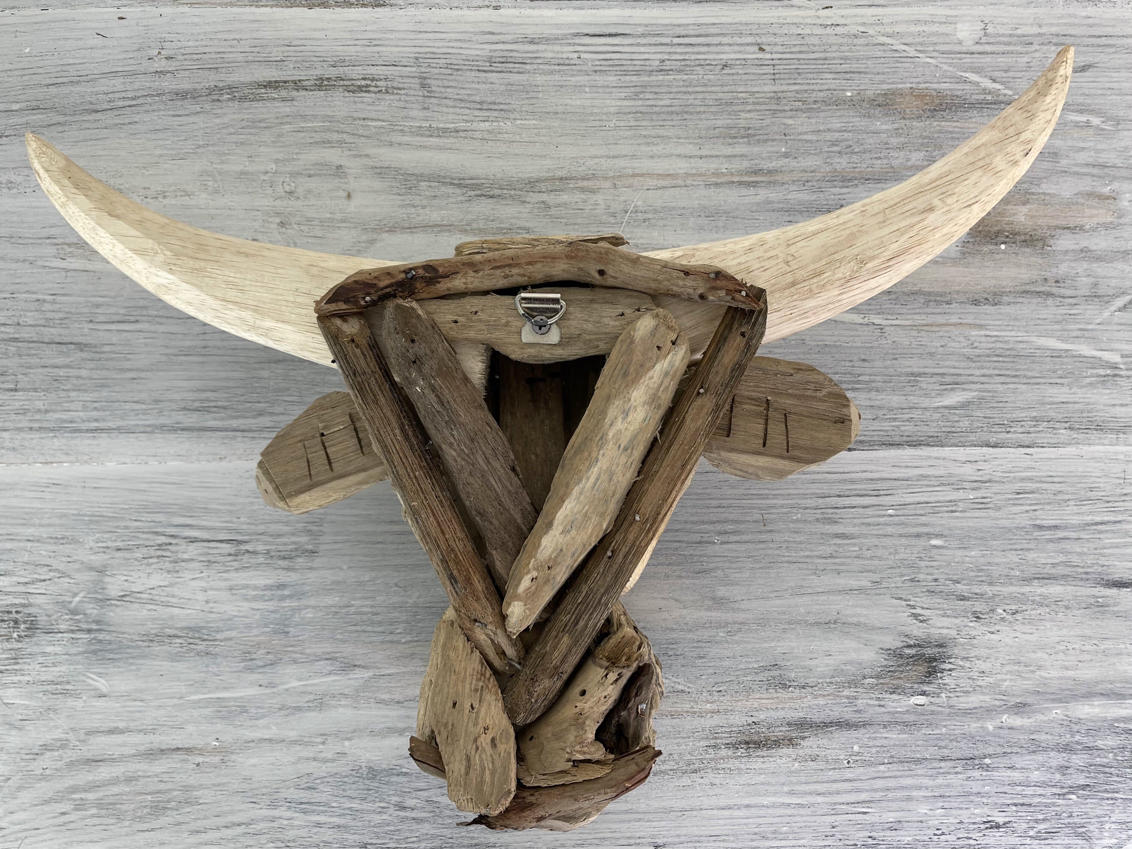 aerial back view of driftwood bull head with hook attached