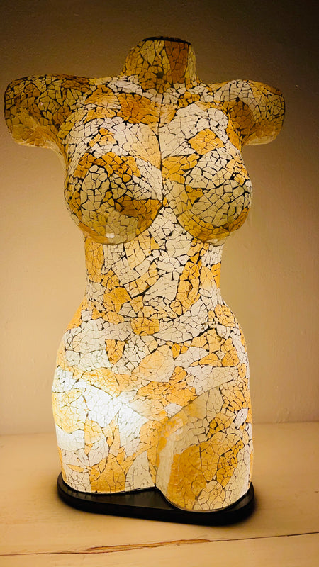 front view of mosaic bust lamp with light on