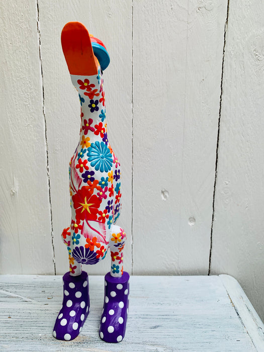 front view of wooden flower duck in white 