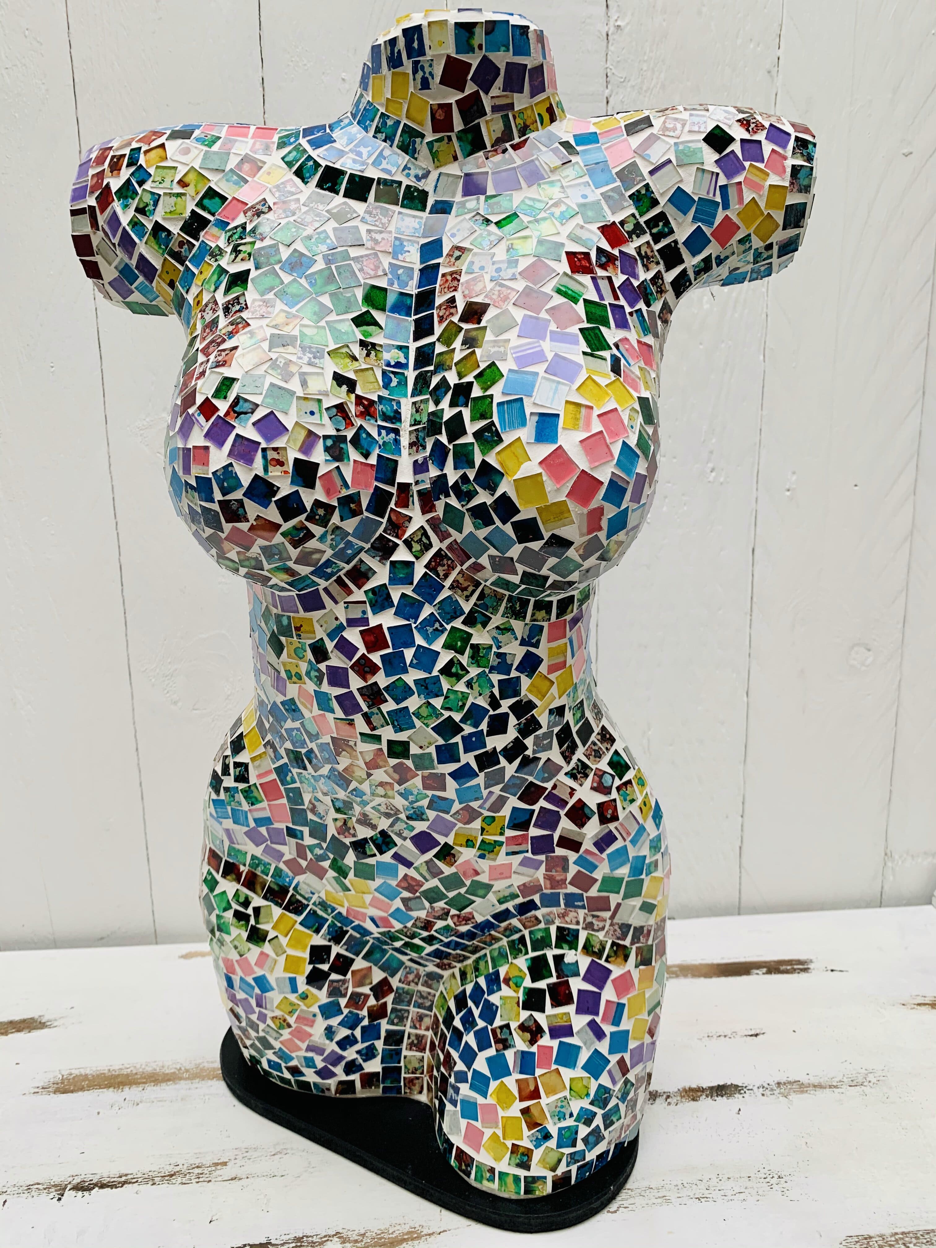 front view of mosaic bust lamp with light off