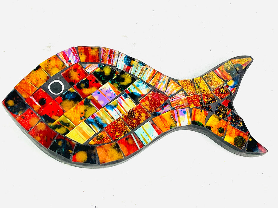 close up aerial view of mosaic fish in orange