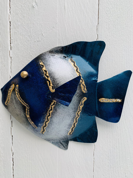 Hand-painted blue and teal metal banner fish wall decoration with gold detailing