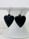 Black heart wood bead earrings with hook closure.