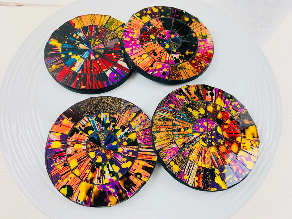 aerial view set of mosaic coasters on white background