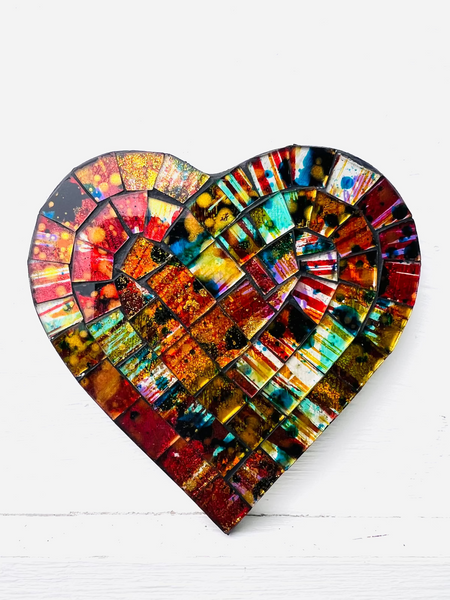 Single Calypso heart mosaic coaster showing colourful hand-painted glass pattern on a white background.