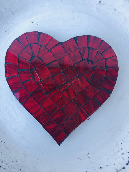 Single Cherry Red heart mosaic coaster showing its rich hand-painted glass design on a white background.