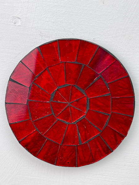 Hand-painted Cherry Red mosaic coaster featuring deep red glass pieces on an MDF base, photographed from above on a light surface.