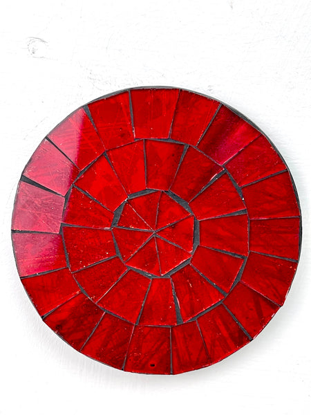 Single Cherry Red mosaic coaster on a white background showing its vibrant red hand-painted glass design.