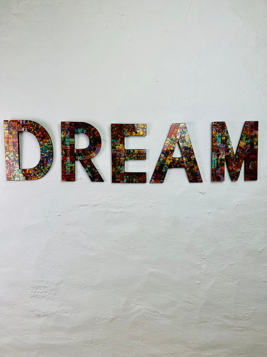 front view of Dream mosaic wall art in calypso tones on MDF base