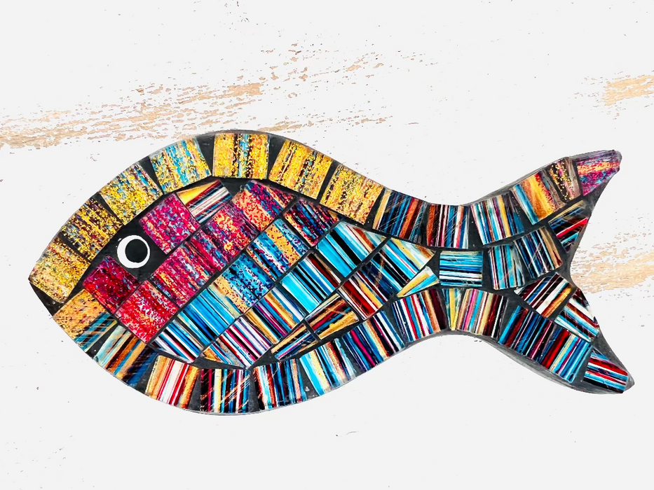 aerial close up of mosaic fish in blue