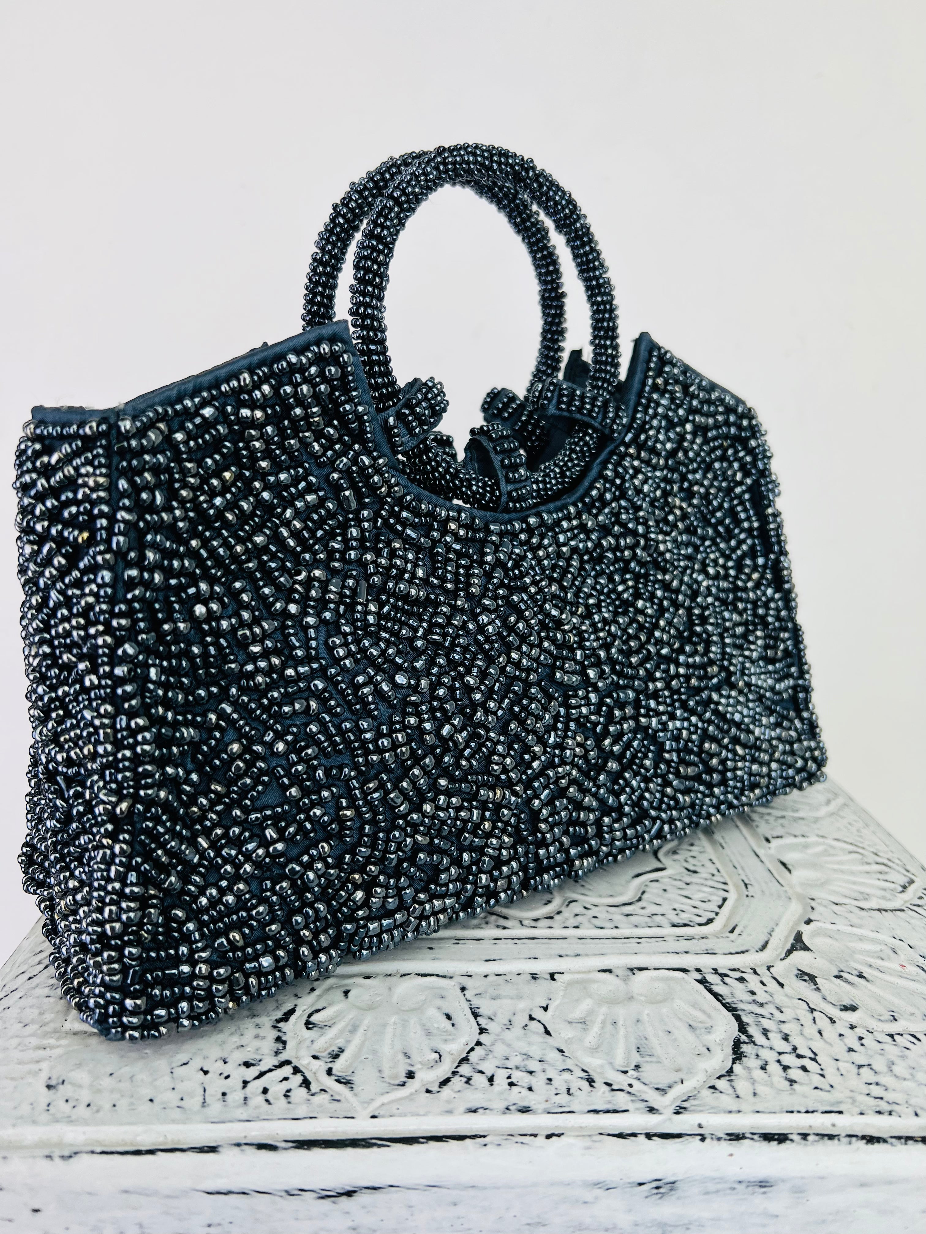 side front view of beaded handbag
