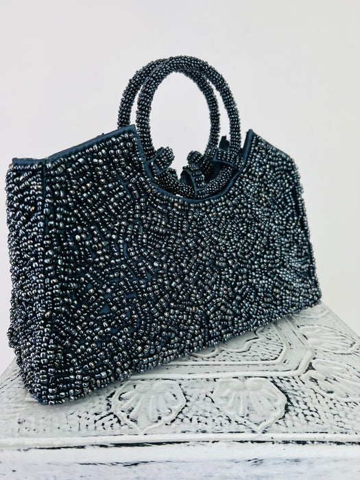 side front view of beaded handbag